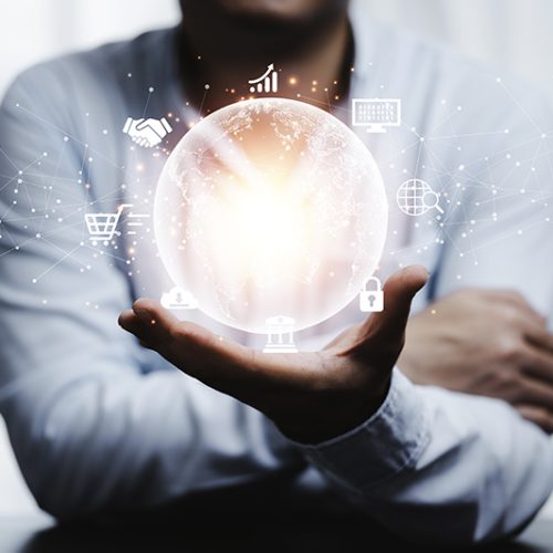 Man hand holding virtual world  with internet connection for metaverse. Global business marketing and banking financial pass thru application technology concept.