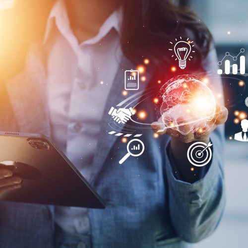 woman Hand holding virtual Global Internet connection metaverse. Business global internet connection application technology and digital marketing, Financial and banking, Digital link tech, big data.